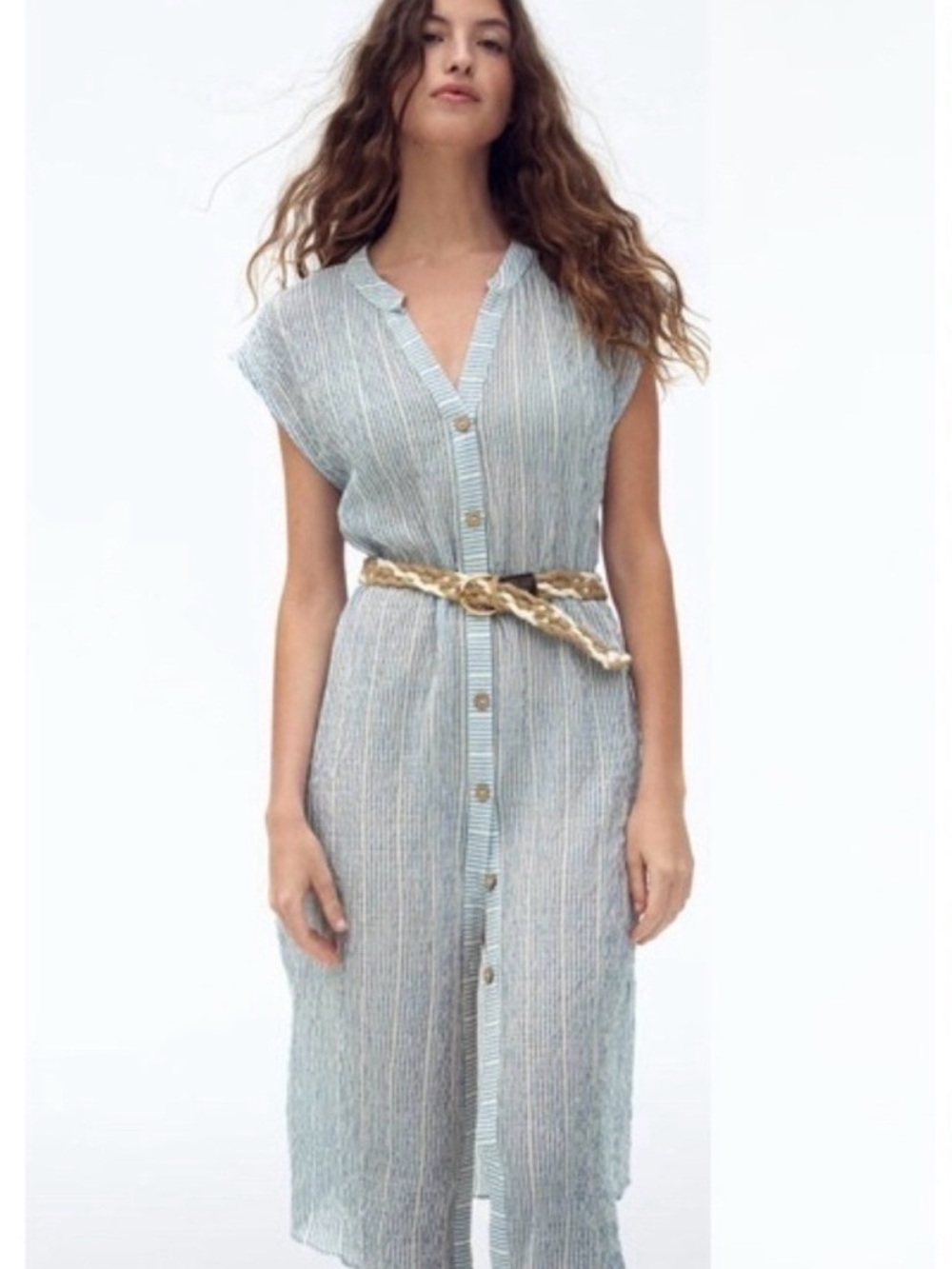 ZARA Light Blue Stripe Button-Front Midi Dress